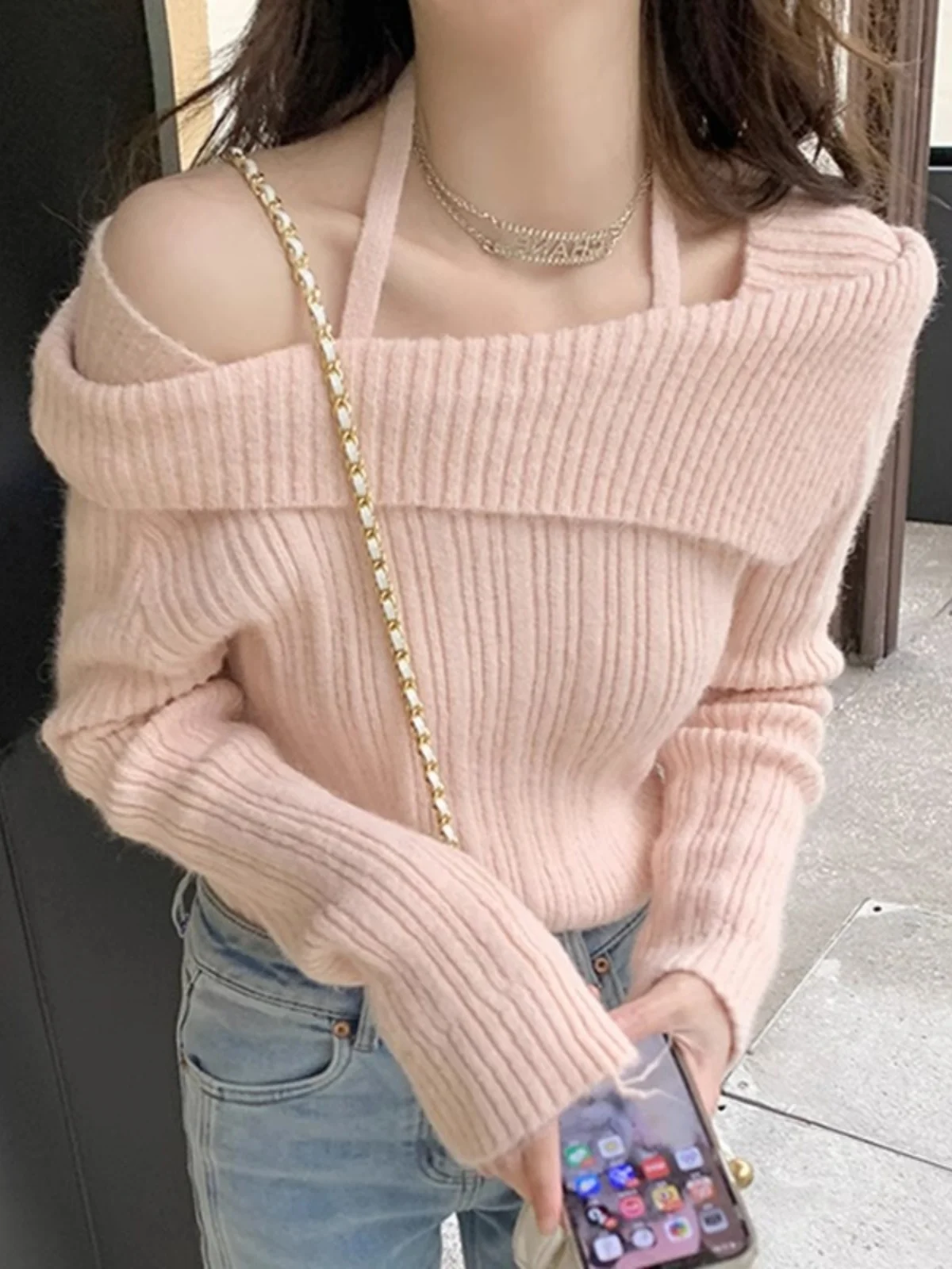 

Long Sve Commute Sle Korean Faion Ele Pink One-oulder Knit Sweater Women's Slimming Fairy-Like Neline