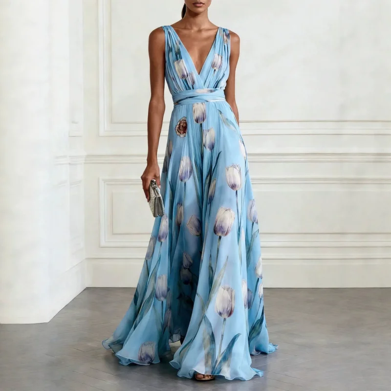 Image of Neues Abendkleid mit Tulpenmuster für Damen, ärmellos, V-Ausschnitt, Maxikleid, elegantes Partykleid, formelles langes Kleid
