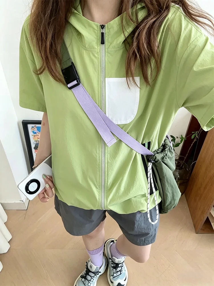 

Dopamine Green Hooded Short Sleeve Men's Summer Lightweight Outdoor Sun Protection Cycling Jacket Quick Dry Breathable Nylon