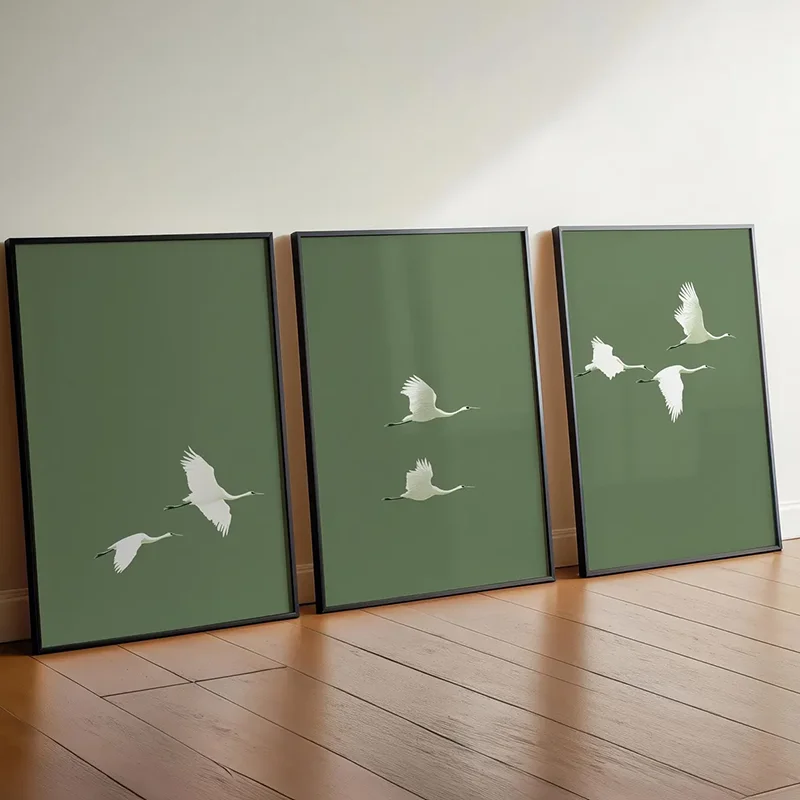 3PCS Japandi Crane Poster Set  Sage Green Minimalist Wall Art  Canvas Paintings For Room Decor  Home Wall Decor