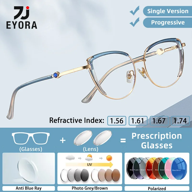 

EYORA Fashion Cat Eye Metal Women Reading Glasses Myopia Eyewear Hyperopia Anti Blue Light Progressive Photochromic Eyewear Lens