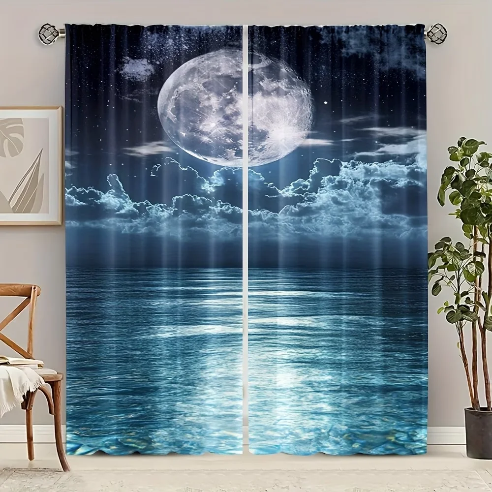 2PC Moonlit Ocean Curtains - Serene Night Sky Print Window Drapes for Bedroom Living Room Decor