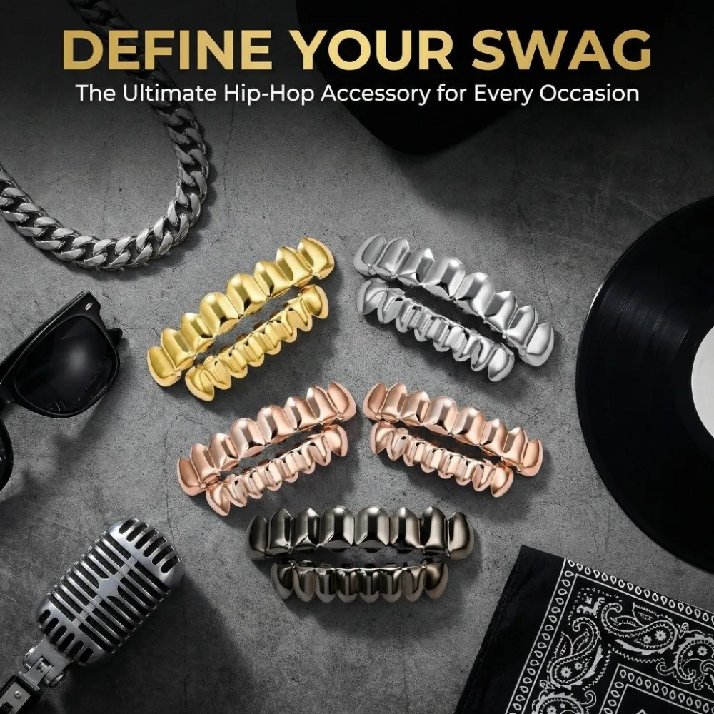 Trendy Glossy Finish Teeth Grillz Top Bottom Set Anti Slip Eco-friendly Copper Teeth Grillz Caps Gold Shiny Teeth Jewelry Rapper