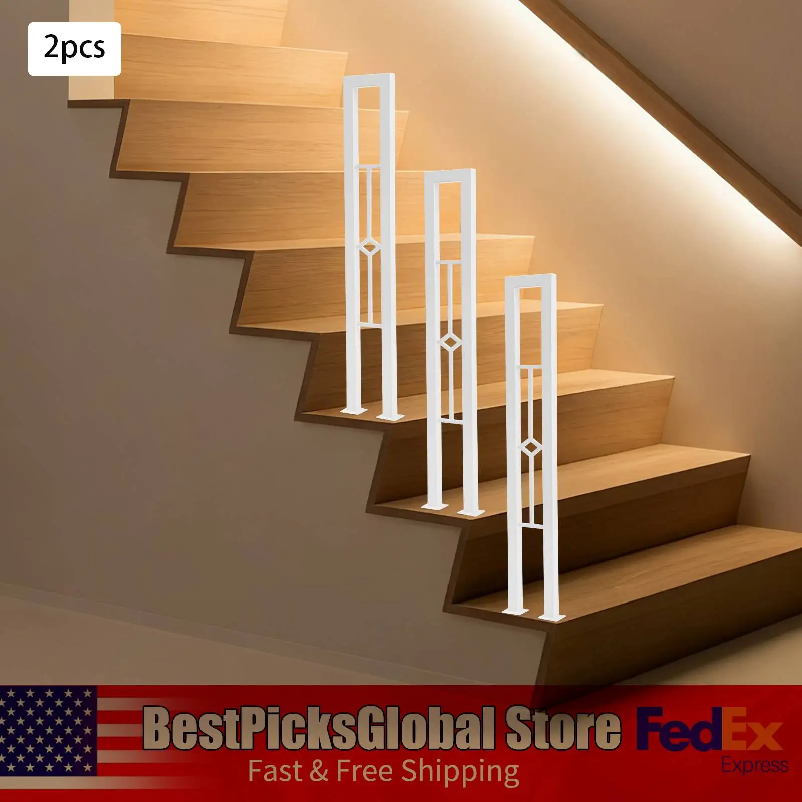 قطعتان من درابزين الدرج على شكل حرف U، نمط ماسي، أبيض/أسود، قضبان يدوية حديدية مزخرفة للممر، ارتفاع 35.43 بوصة