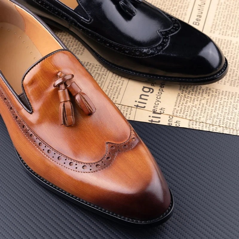 New Style Business Men Loafers Shoes Genuine Cowhide Handmade Sewing Casual Formal Wedding Party Slip on Pointed Dress Shoes Man