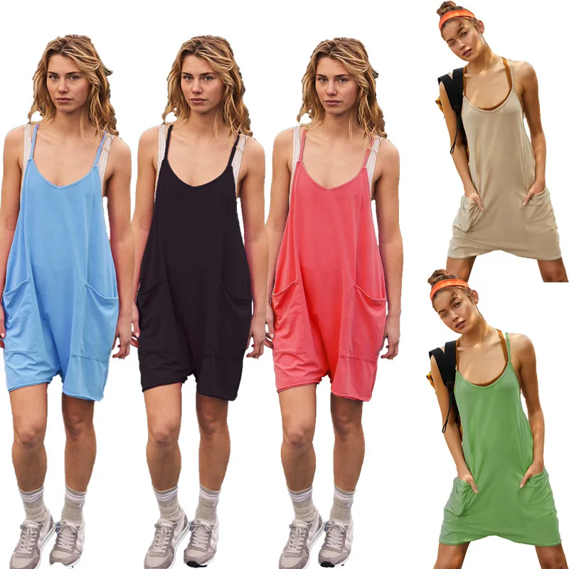 

Women's Casual Knitted ortalls Summer 2023 ket Detail Neline Strap Jumpsuit Low Waist Five Length Pants High Content