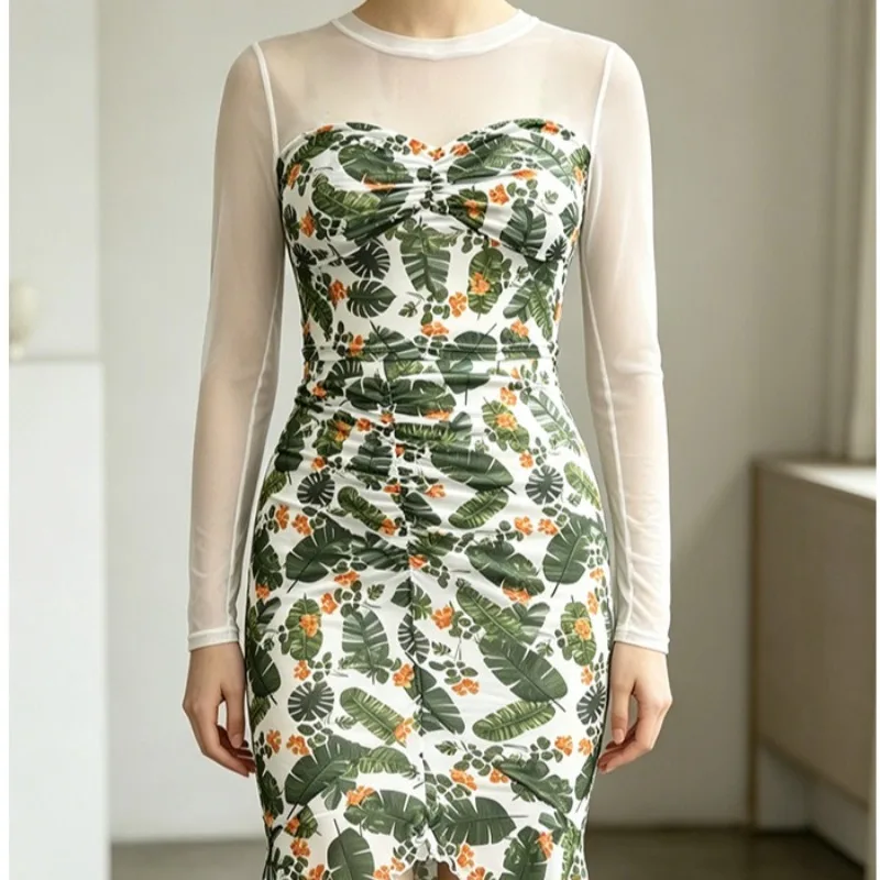 Women Sheer Mesh Long Sleeve Midi Dress Tropical Leaf Print Twist Front Side Slit Ruffle Hem Party Dress