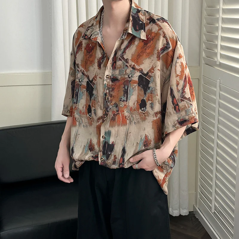 

Men's Premium Ice Silk Short Sleeve Shirt Summer Retro Floral Print Casual Button Down Hong Kong Style Streetwear