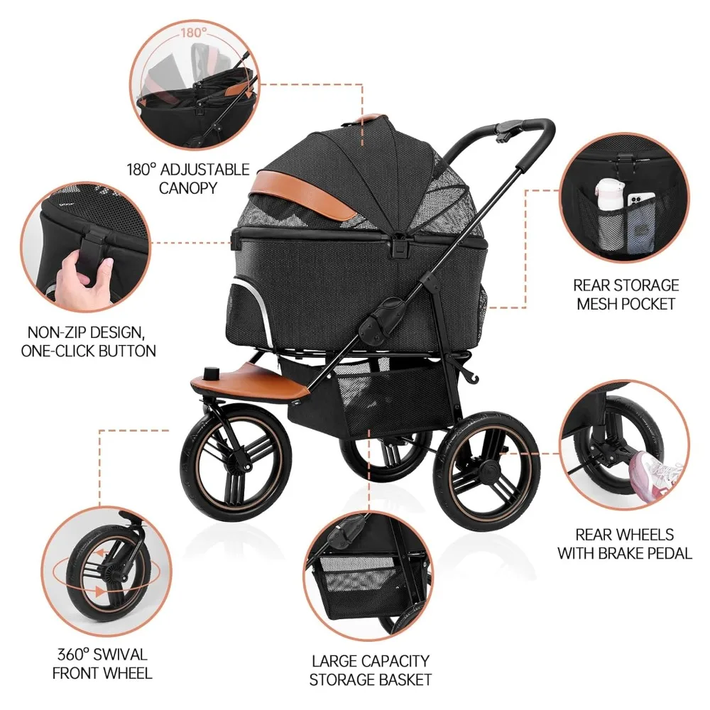 Dog Stroller, 3in1 Pet Stroller Zipperless Dog Cat Jogger Strollers 3 Wheels, Storage Basket and One-Button Folding Frame