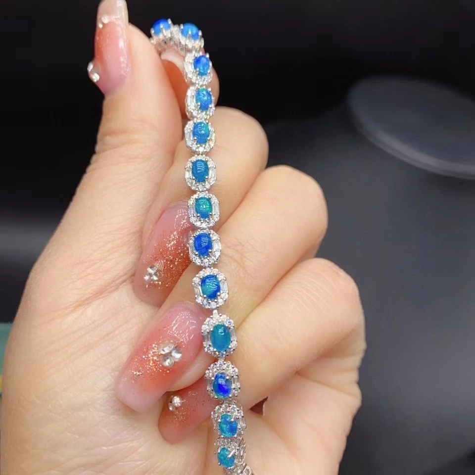 Classic Design Gemstone Bracelet for Woman Daily Wear 3mm*4mm Total 2ct Blue Opal Bracelet 925 Silver Natural Opal Jewelry