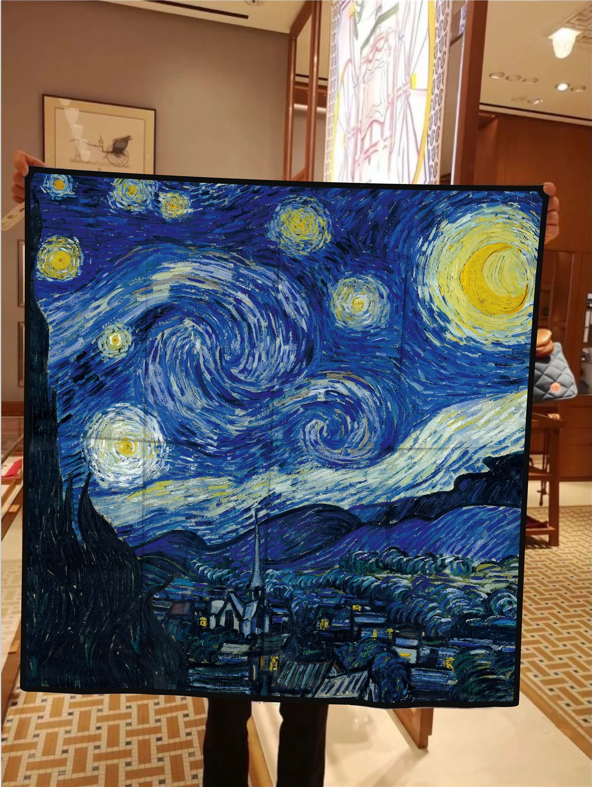 90cm Starry Sky Twill Silk Scarf Fashion Shawl Brand Square Scarf Women Hijab Bandana Foulard Head Scarves Van Gogh Oil Painting