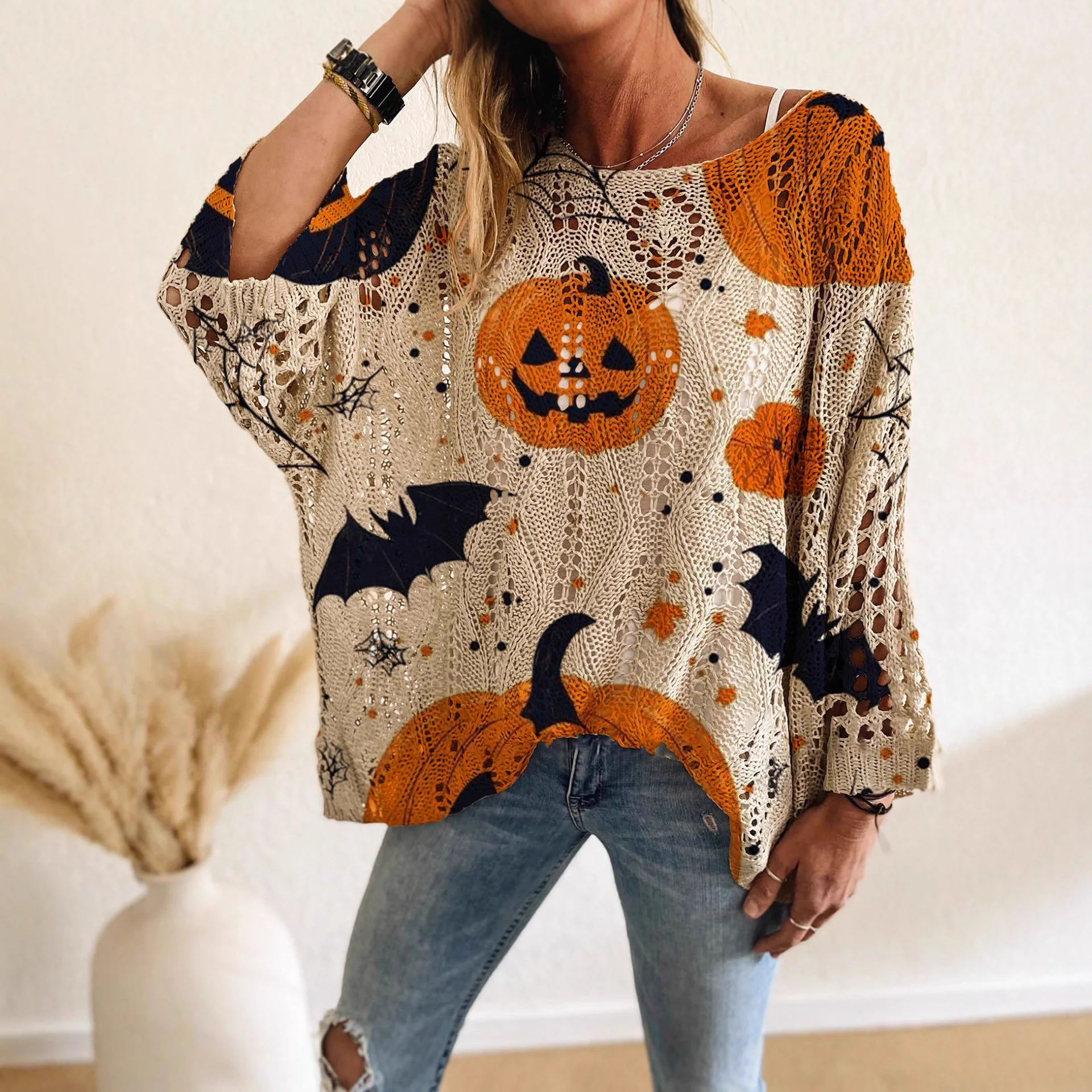 Female Slash Neck Hollow Pumpkin Bat Halloween Print Long Sleeve Women's Casual shirt Top Pullovers