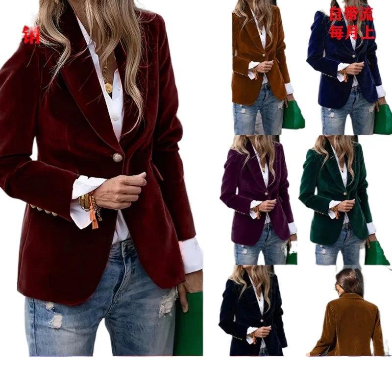 

Women's Elegant Velvet Blazer Coat Solid Color Lapel Long Sleeve Slim Fit Jacket with Two Pockets Casual Winter Autumn Outwear