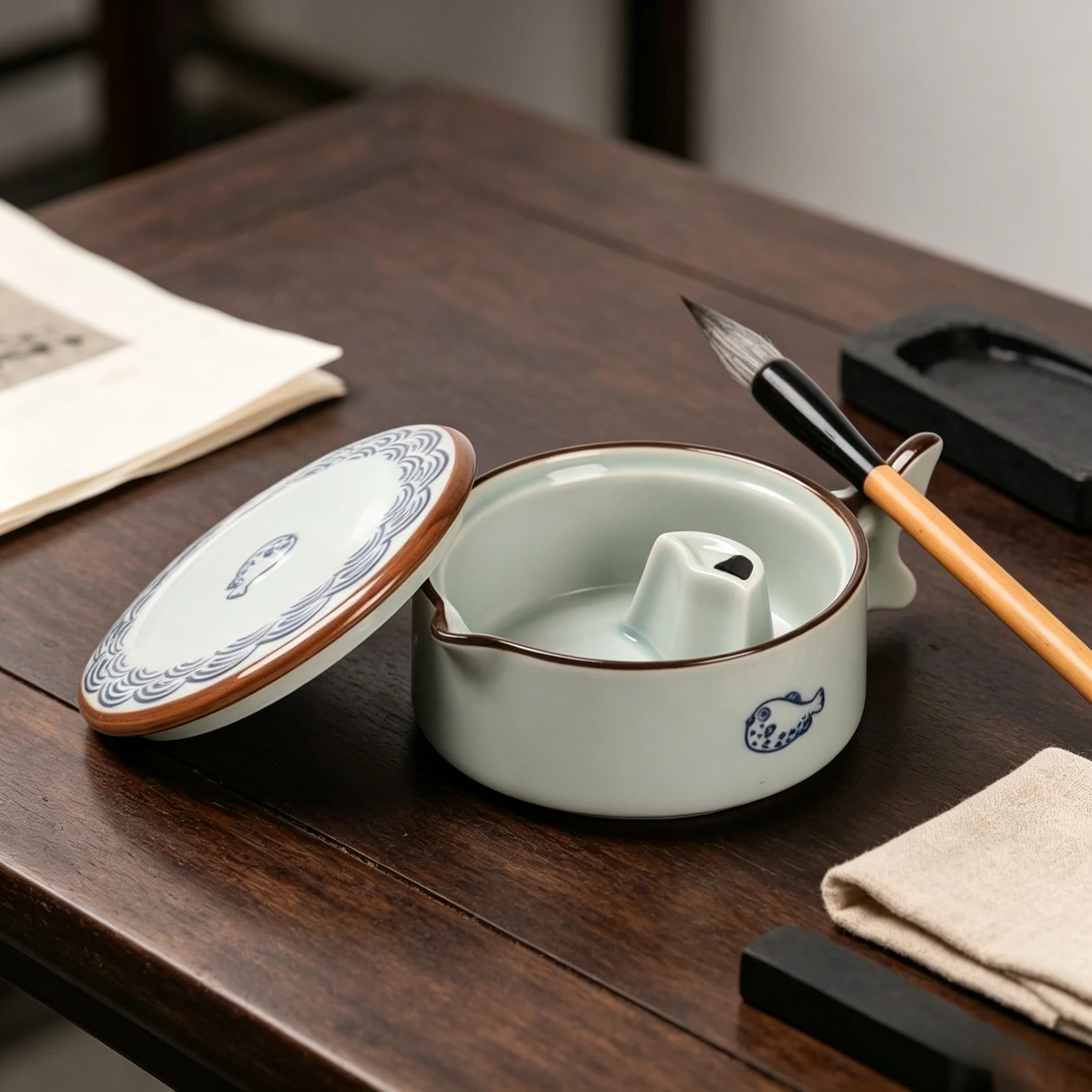Chinese Ceramic Inkstone with Lid Multi Function Ink Pool Calligraphy Brush Rest Four Treasures Study Desk Décor