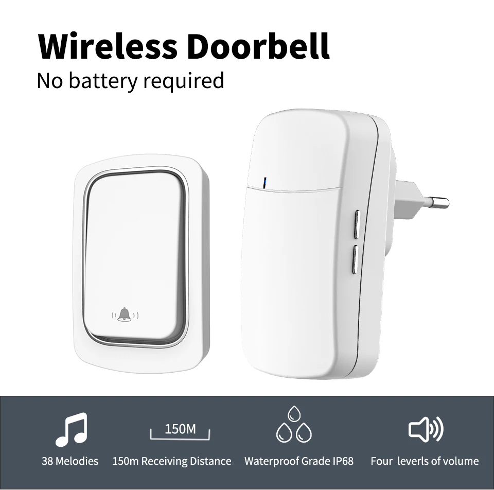 Szaoju EU Wireless Doorbel Ring Doorbell Intelligent 150m Range Smart Home No Battery Waterproof Self-Powered door bell