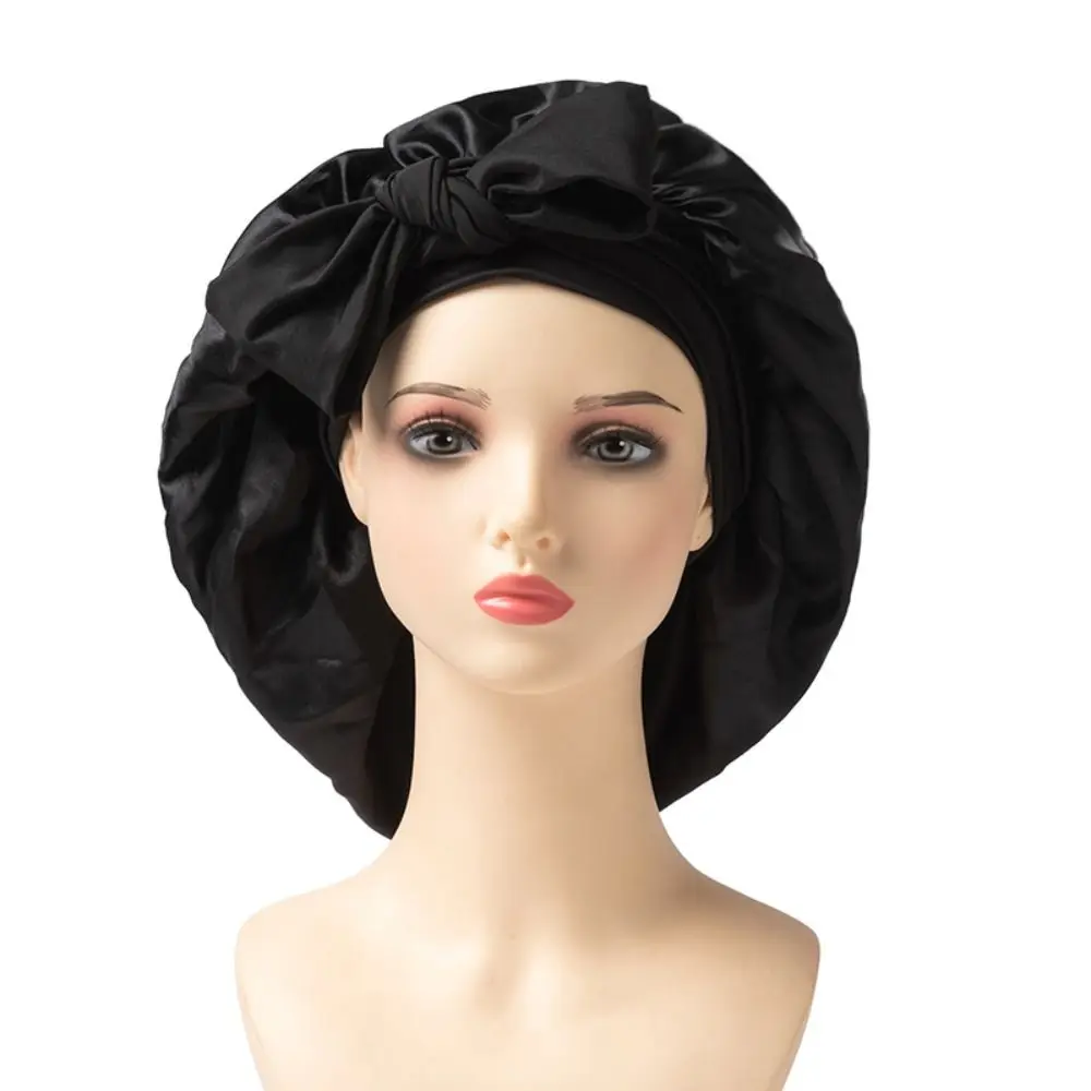 Gentle Satin Material Sleeping Bonnet Solid Color Wide Brim Design Night Sleep Cap Soft Adjustable Strap Hair Care Cap For Women