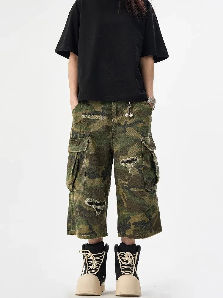 

Американские камуфляжные брюки в стиле ретро на семь футов, мужские и женские свободные брюки для ленивых, рабочая одежда, молодежная одежда с несколькими четверками и отверстиями Vitali Sle