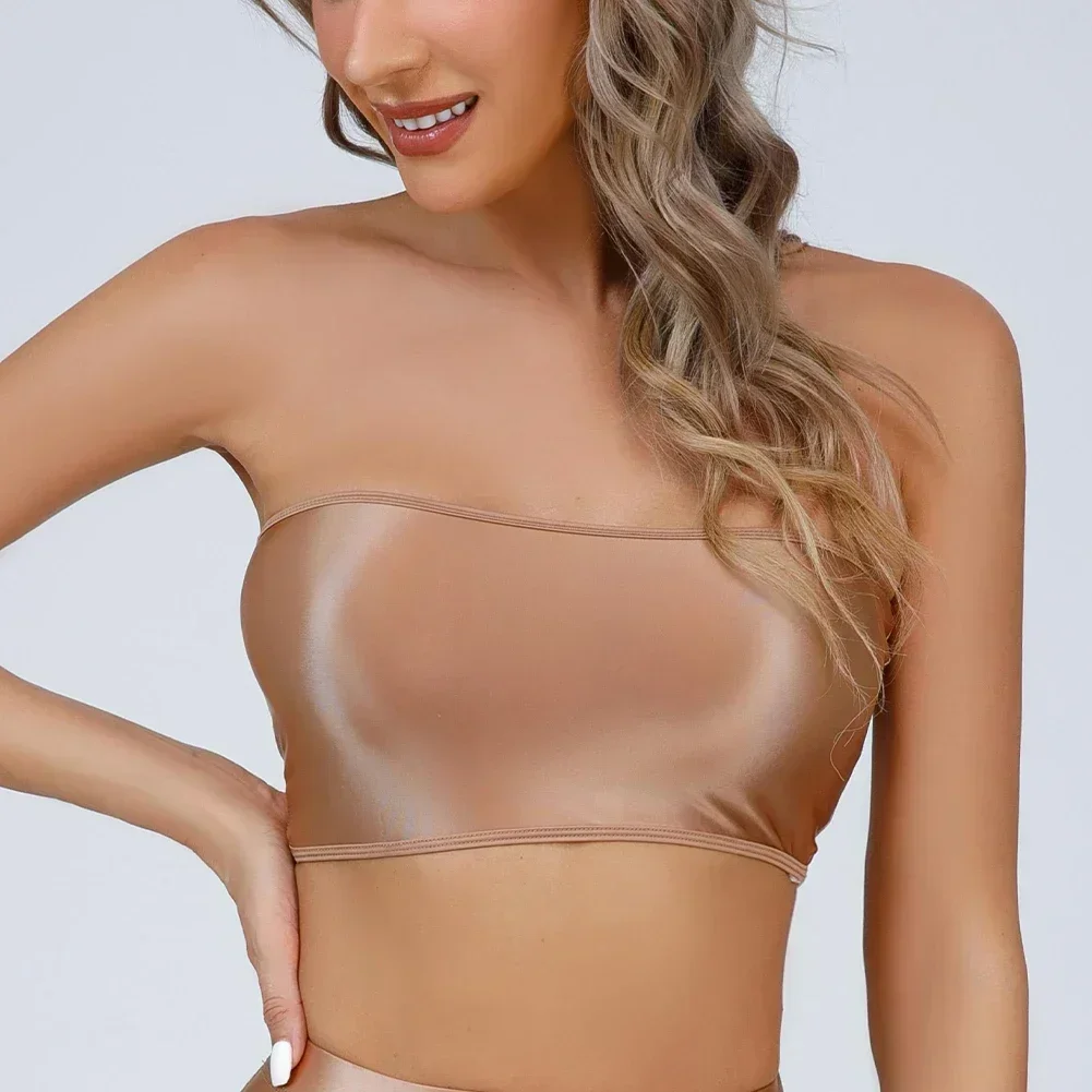 Women Tube Tops Oil Glossy Shiny Strapless Crop Top Rave Bandeau Bra Tank Top Seamless T-Shirt Ultrathin High Elastic Bras