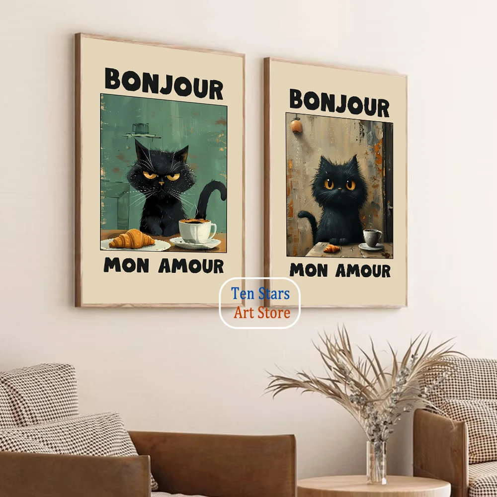 لو تشات نوير جرين بونجور مون أمور عمل فني مضحك القط الأسود الإفطار المشارك حائط لوح رسم صور ديكور مطبخ المنزل #2