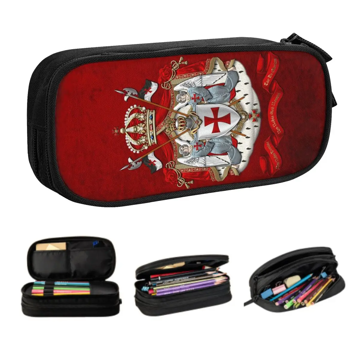 Cute Custom Knights Templar Flag With Coat Of Arms Pencil Case for Medieval Warrior Cross Large Storage Pen Box Bag Stationery