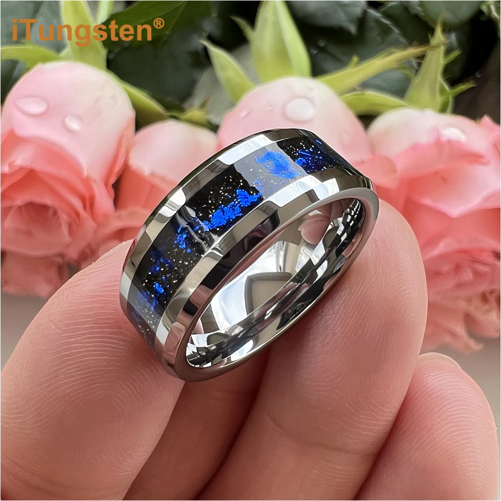 ITungsten 8mm Black/Silver Tungsten Wedding Rings for Men Women with Blue Foils Inlay Bevel Edges Polish Shiny Comfort Fit