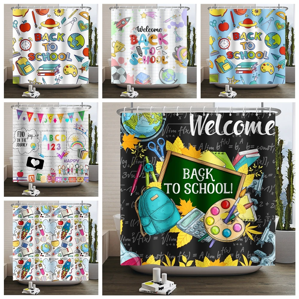 Back To School Shower Curtain Backpack Clock Globe Black Blackboard Pencil Bath Partition Waterproof Hanging Curtain With Hooks