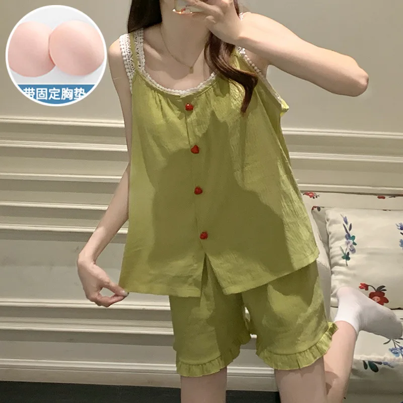 

Women Summer Thin Sweet Pajamas Button Tank with Chest Pad Shorts 2 Piece Set Loose Homesuit Cloud Cotton Aesthetic Loungewear
