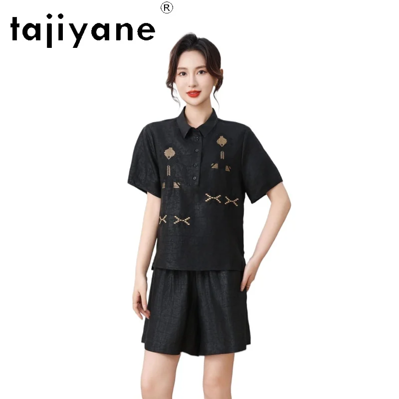 

TAJIYANE 100% Mulberry Silk Shirts for Women Fahion Embroidered Blouse Short Sleeves Summer Ladies Tops 2026 Woman Clothes jirai