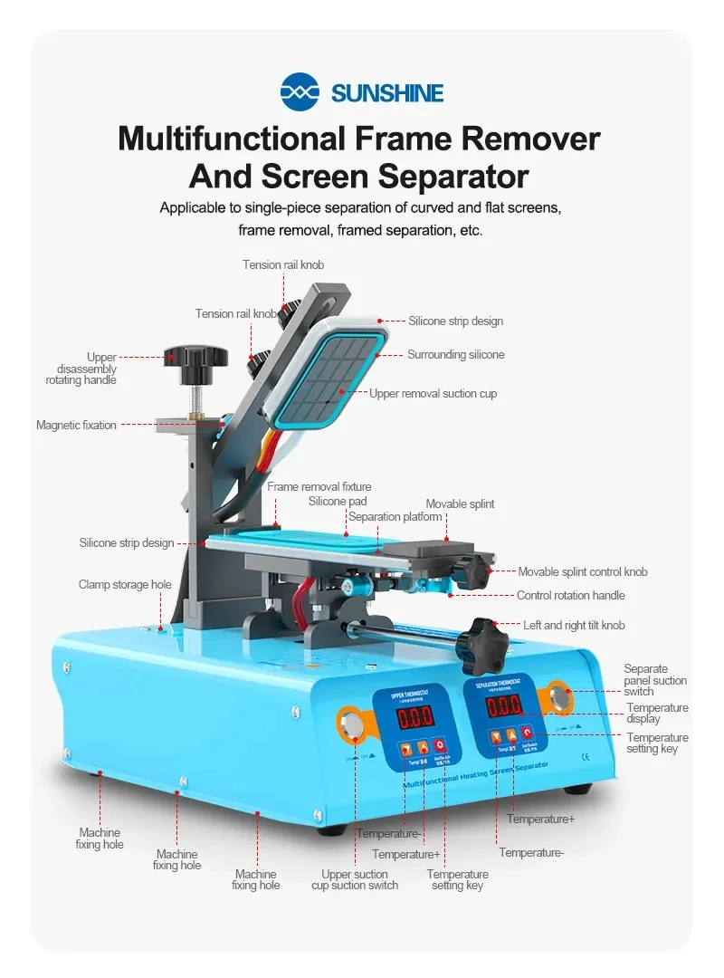 SUNSHINE S-918M Multi Functional Heating Separation Machine Dual Pump Strong Suction Frame Remover and Screen Separator