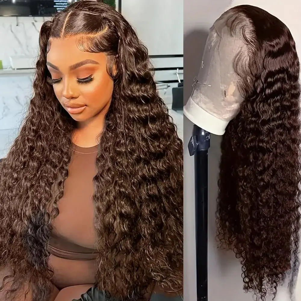 

Chocolate Brown Curly 13X6 Lace Front Wigs 250 Density Real Human Hair Wig PrePlucked Deep Wave Lace Frontal Brazilian Brown Wig