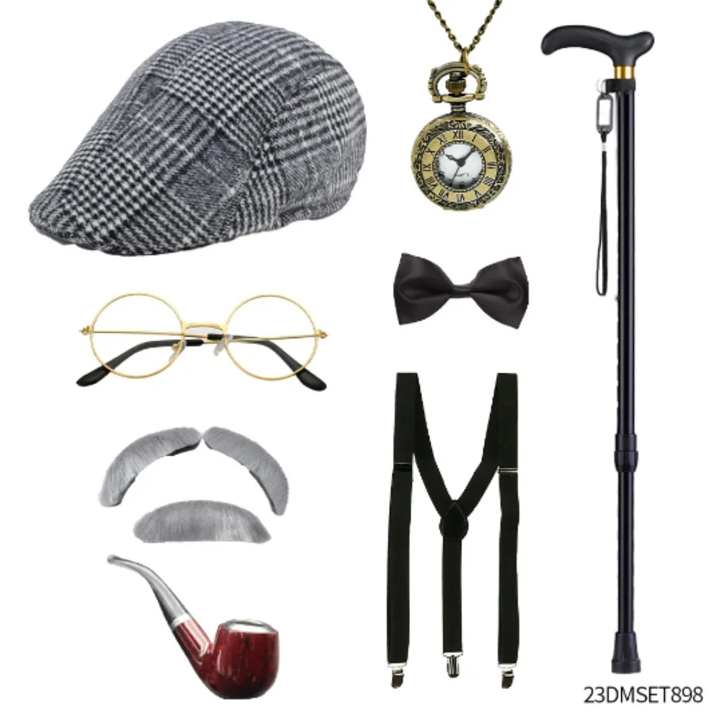 Opa verkleed met eendenbekkap, zakhorloge, stropdas, bril, pijp en andere accessoires geschikt voor feestdecoratie