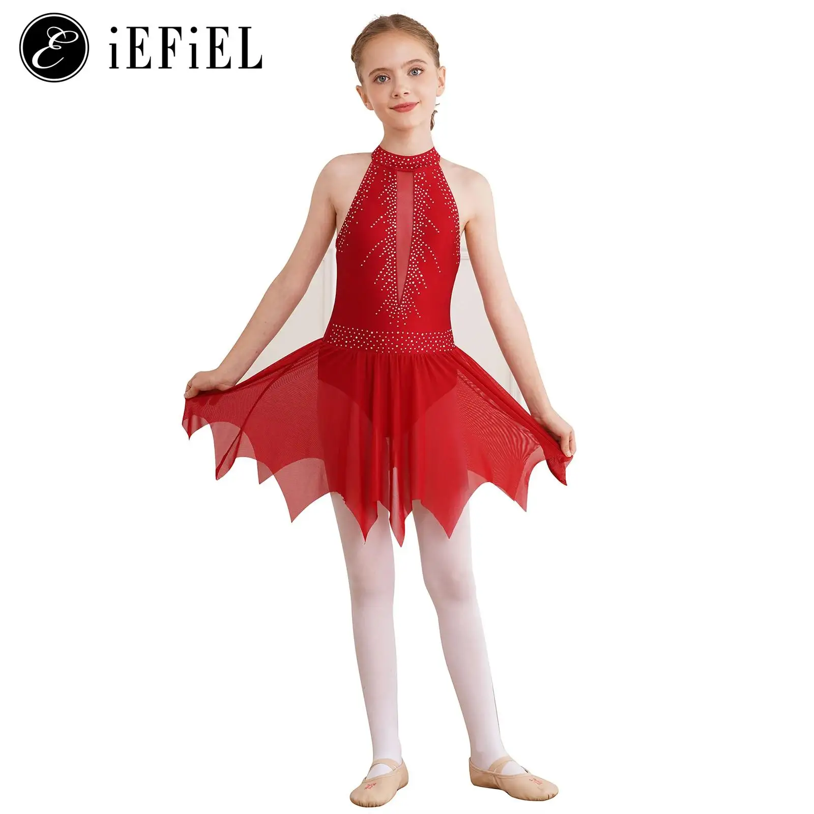 Kids Girls Halter Strappy Back Ballet Dance Dress Skirted Leotard Sparkly Rhinestones Figure Ice Skating Competition Costume