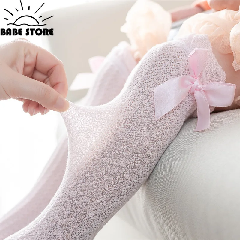 0-3Year For Baby Girls Socks Summer Kids Knee High Long Sock Children Bow Tie Out Cotton Mesh Socks Infant Thin Soft Solid Sock