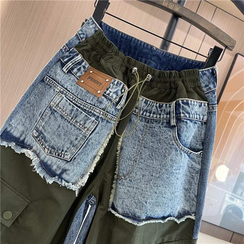 Fashion Patchwork Straight Jeans Women\'s New Elastic Waist Loose Personality Streetwear Oversized Drawstring Denim Harem Pants