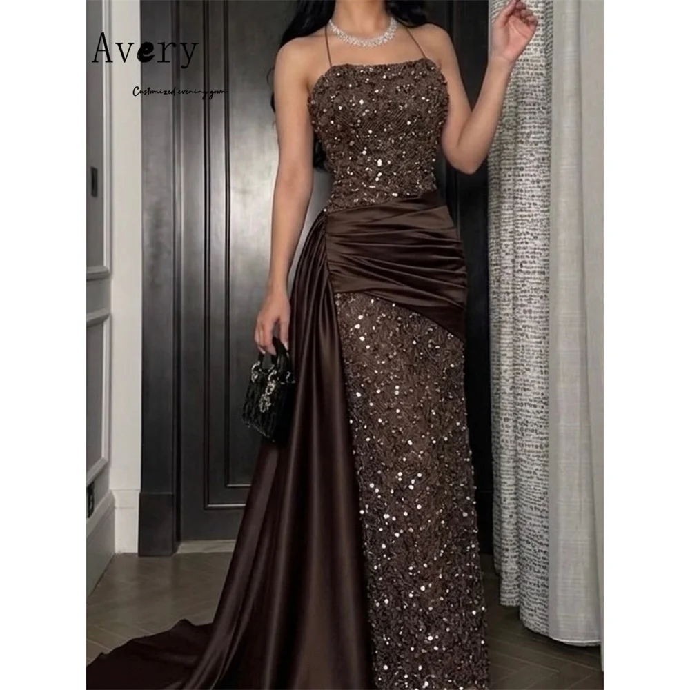 

Avery Custom Fishtail Spaghetti Straps Embroidery Brown Luxurious Party Dress 2026 Woman Evening Dresses Wedding Ball Gown Dress