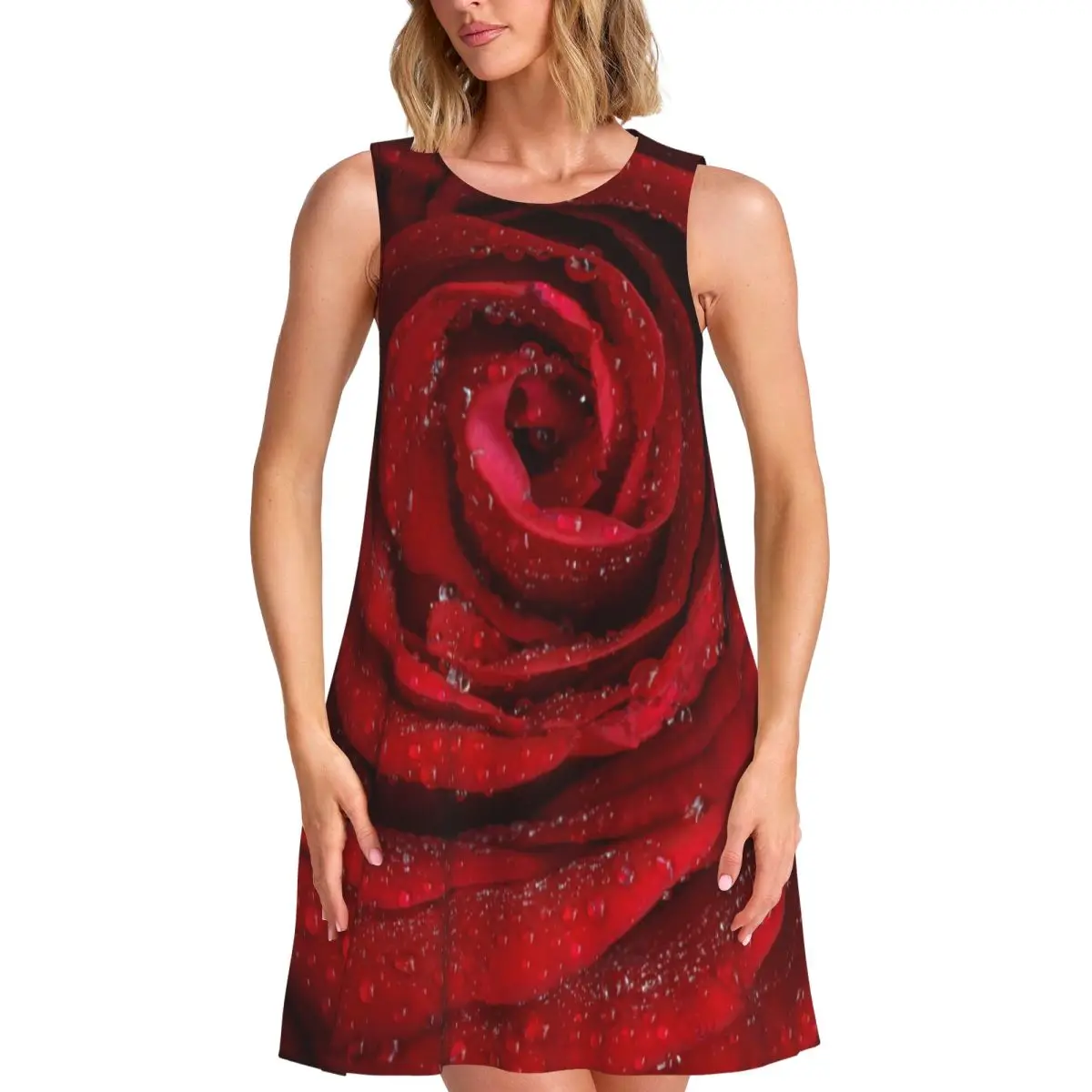 Roses Print Casual Dress Floral Abstract Sleeveless Kawaii Dresses Female O Neck Street Fashion Dress Daily Printed Vestidos