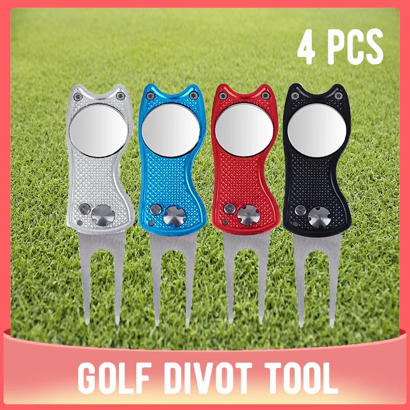 4pcs Metal Foldable Golf Divot Repair Tool with Magnetic Ball Marker and Pop-up Button Green Tool Accessories Gift For Golfer