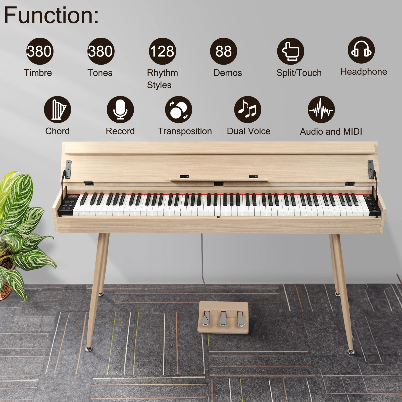 Glarry GDP-206 88 Key Standard Full Weighted Keyboards Digital Piano with Metal Stand, Audio and MIDI Bluetooth, Triple Pedals