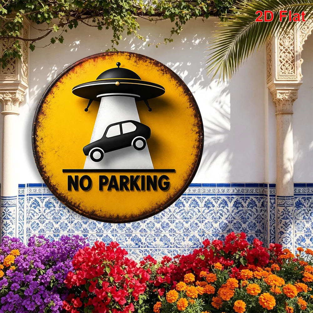 2D Flat, 1pc 2D Flat UFO Alien Abducting Car Pattern Metal Aluminum Sheet Sign, Round Decorative Art, Size (7.87 Inches X 7.87 I