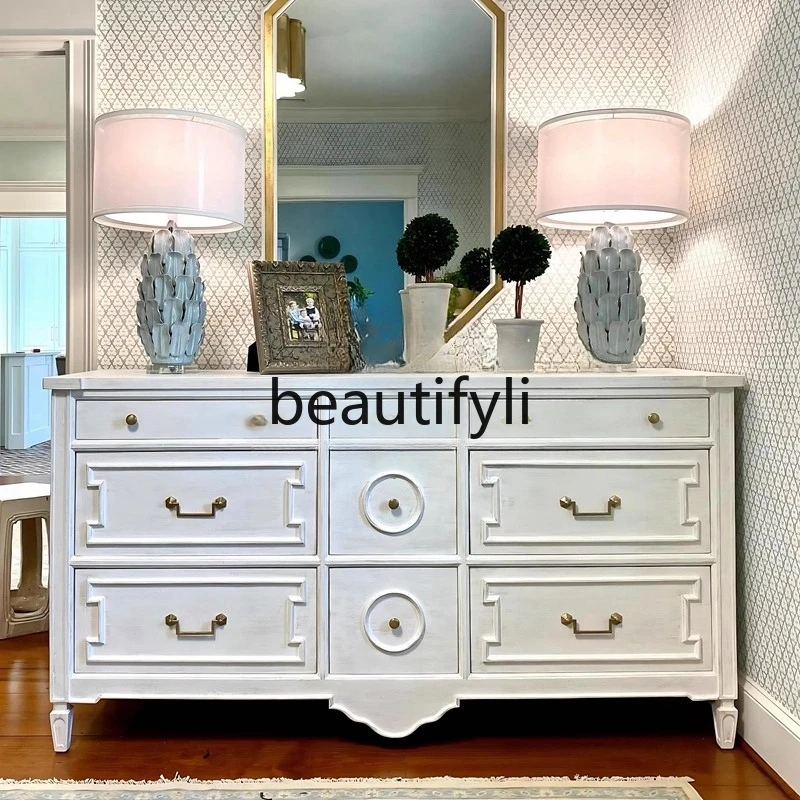 

American country retro nine-chest cabinet carved wood locker French, white, wall-to-wall drawer side cabinet