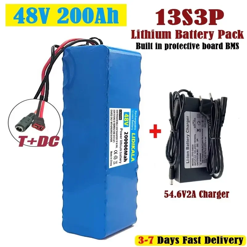 N48V 200Ah Lithium-Akkupack 13S3P 18650 Wiederaufladbarer Akku mit Smart BMS 54,6V Ladegerät für Elektroroller und Fahrräder EU-Lager