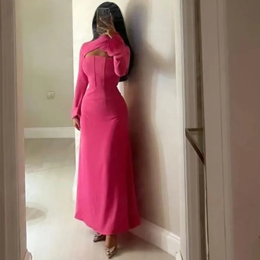 

Special Occasion Long Sleeves Prom Dresses Keyhole High Neck Evening Dress Saudi Arabia Women Wear Wedding Party Gowns