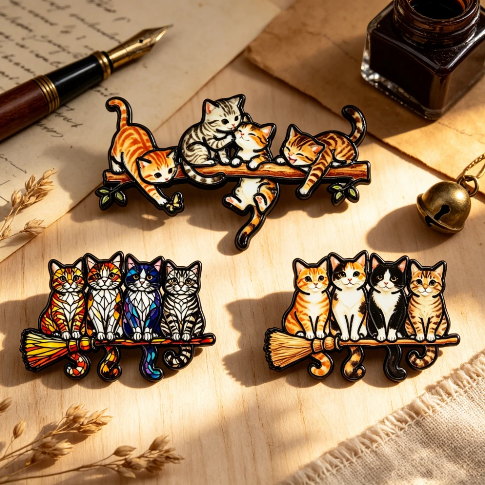 3pcs Stained Glass Cat Witch Enamel Pin Fantasy Witchy Cats Riding Magic Broom Brooch Bag Lapel Badge Jewelry Gift for Friends