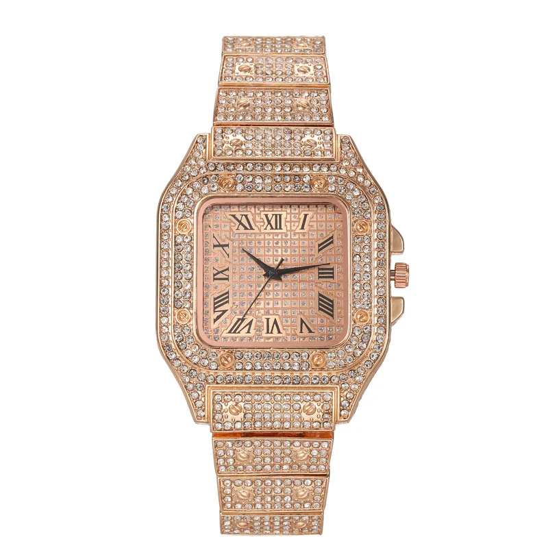 Foreign Trade Popular Style Cross-Border Hot Sale Fashion Square Diamond Full Diamond Roman Scale Women's Watch Women's Watch Qu