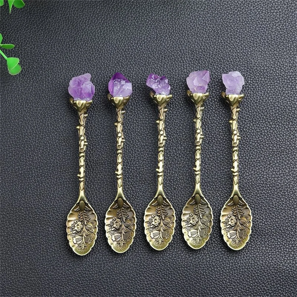 Natural amethyst tooth flower scoop Ice cream dessert scoop Creative carved long handle mixing spoon