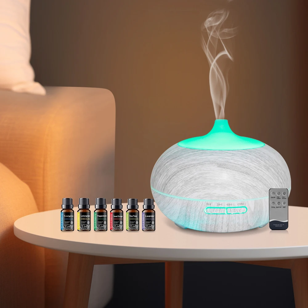 

Enhance Your Space with 550ml Wood Grain Diffuser Includes Remote, 6 Oils & Soothing 7 Color LED Lights