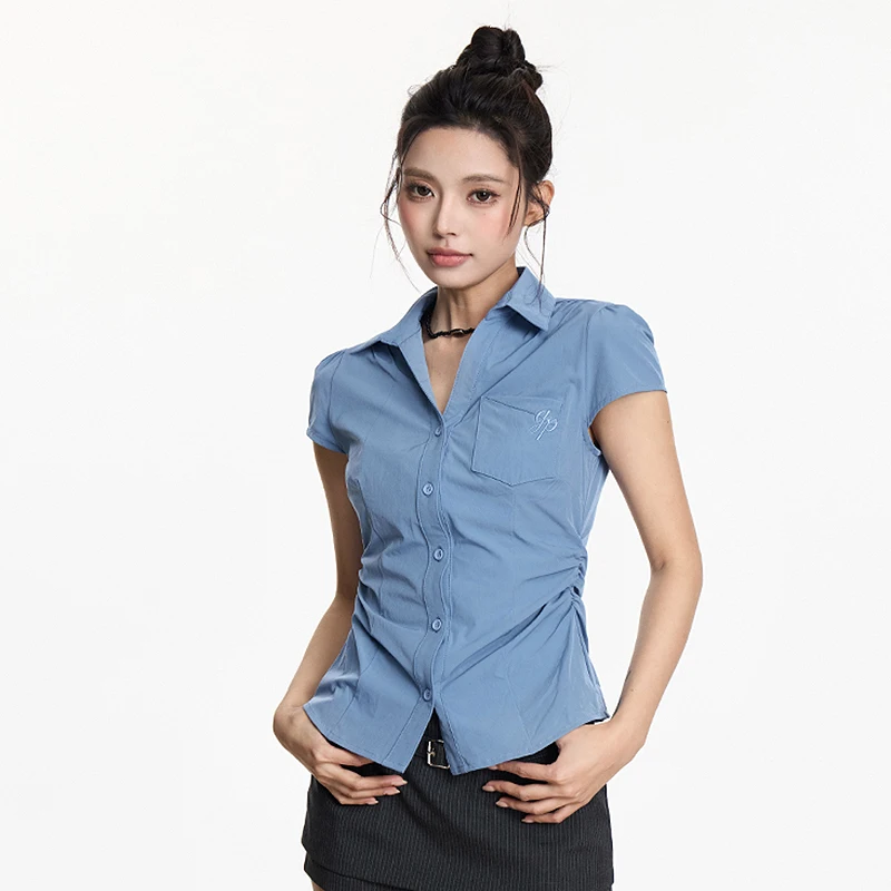 

Preppy Style Waist Slim Short Sleeve Blouse Women's Short Tops Summer Casual Shirts