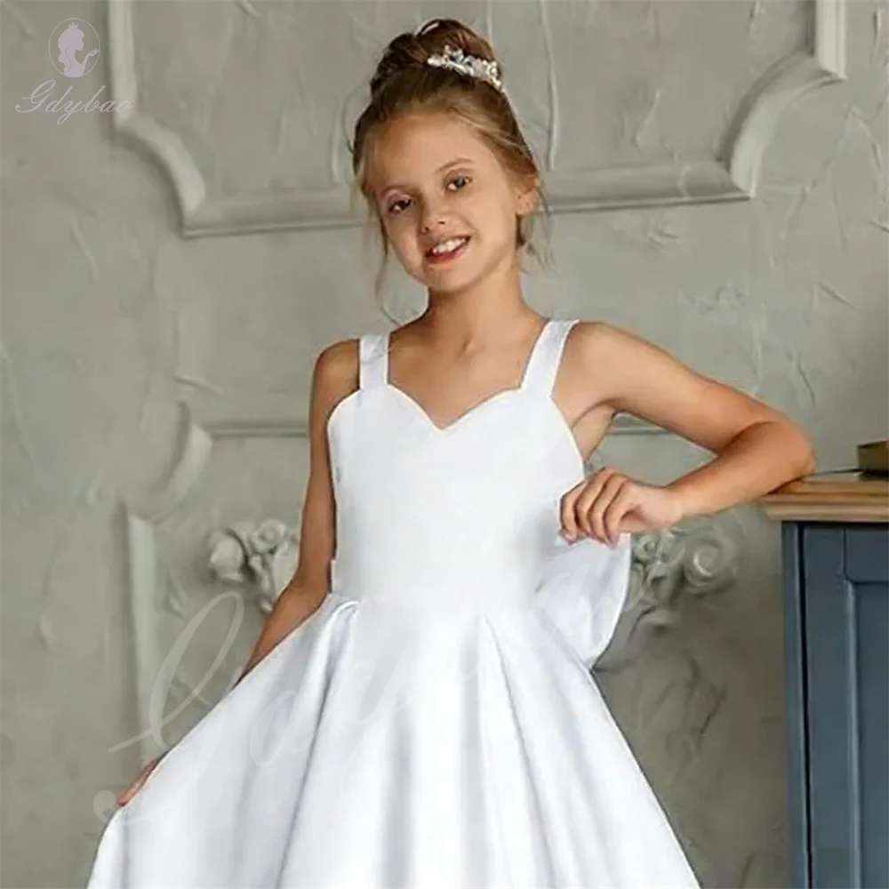 Kids Girls Wedding White Satin Bow Flower Girl Dress Birthday Party Pageant Gown Piano Performance Formal Wear