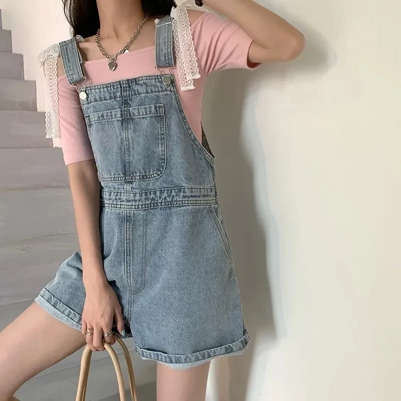 

High Waist Wide Leg Denim Overalls Women's Loose Age-Defng Korean Sle Faionable Summer ort Pants l Waist