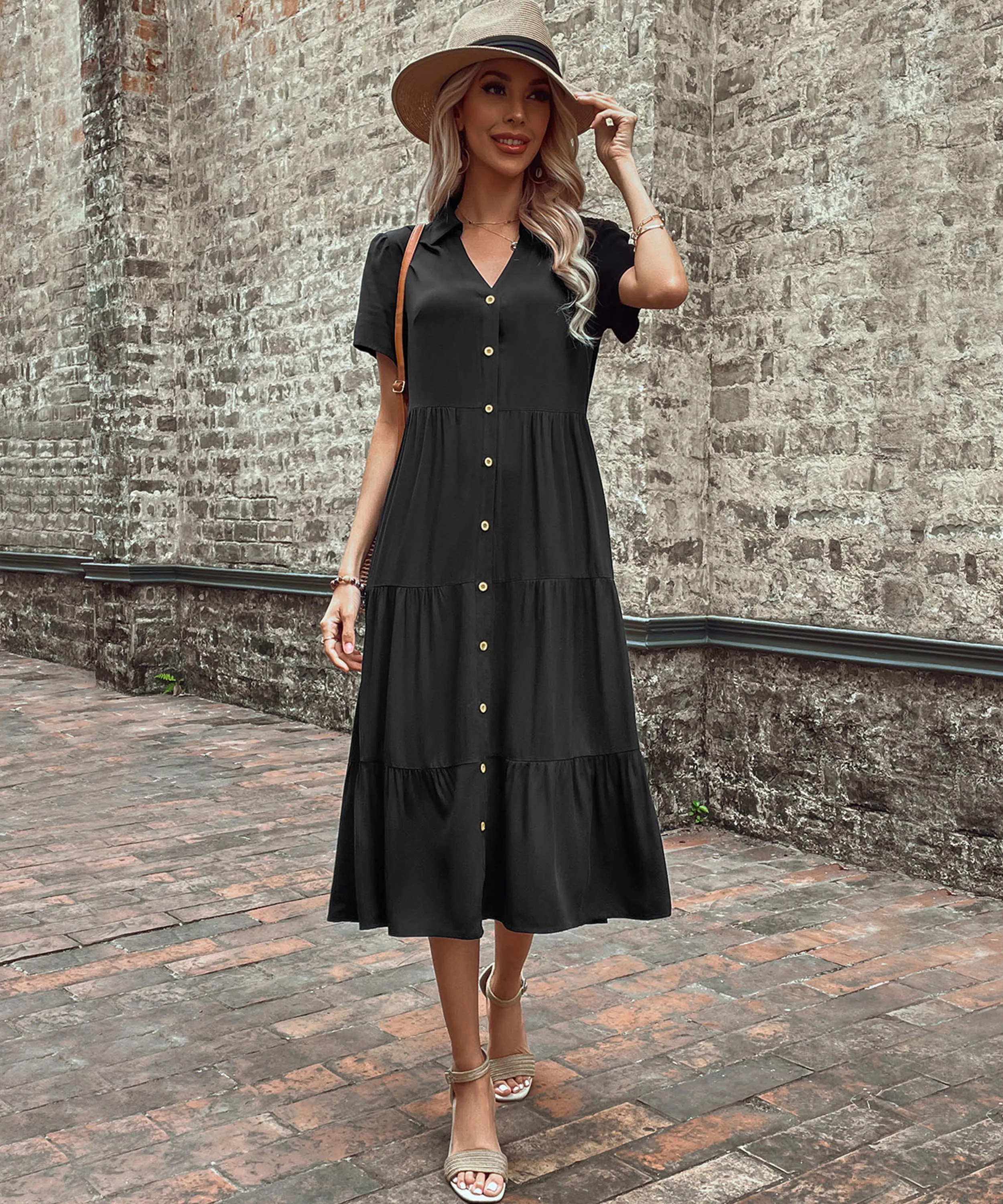 Summer Women\'s V-neck Dress Fashion Layered Button Short sleeved Shirt 2024 Casual Beach Vacation Classic New Style Dresses